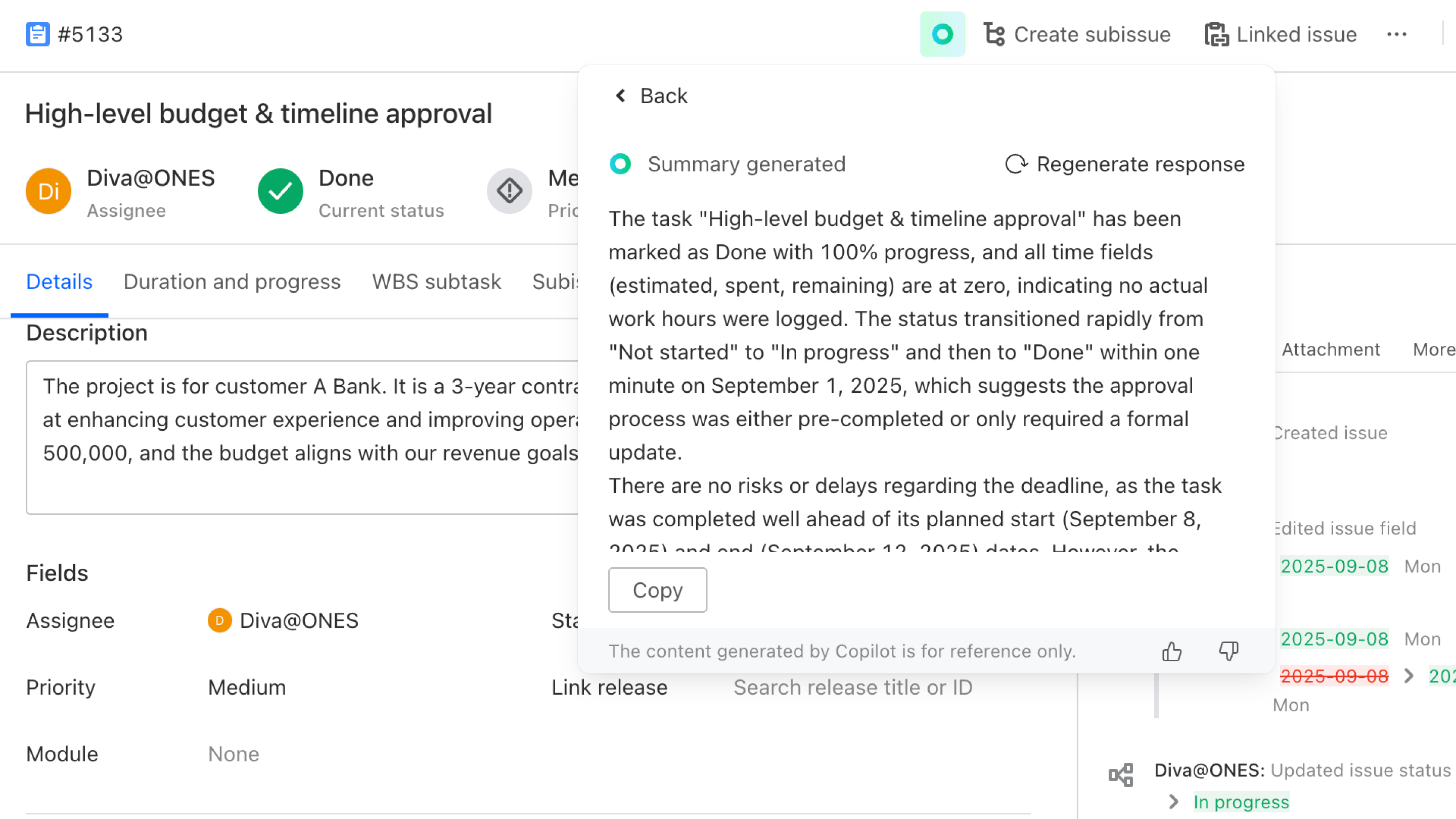 AI-generated task activity summary and analysis