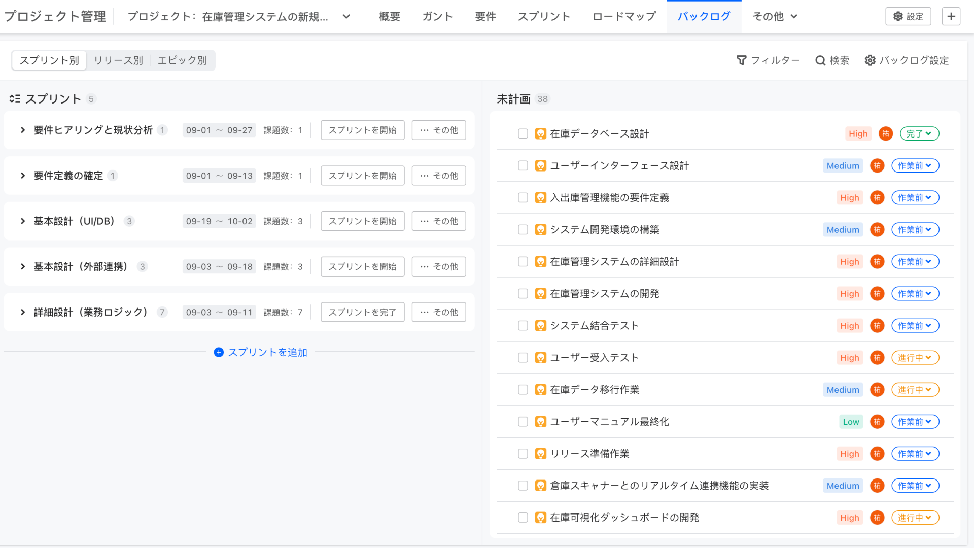 リリースとスプリント計画を備えたONESバックログ管理インターフェース