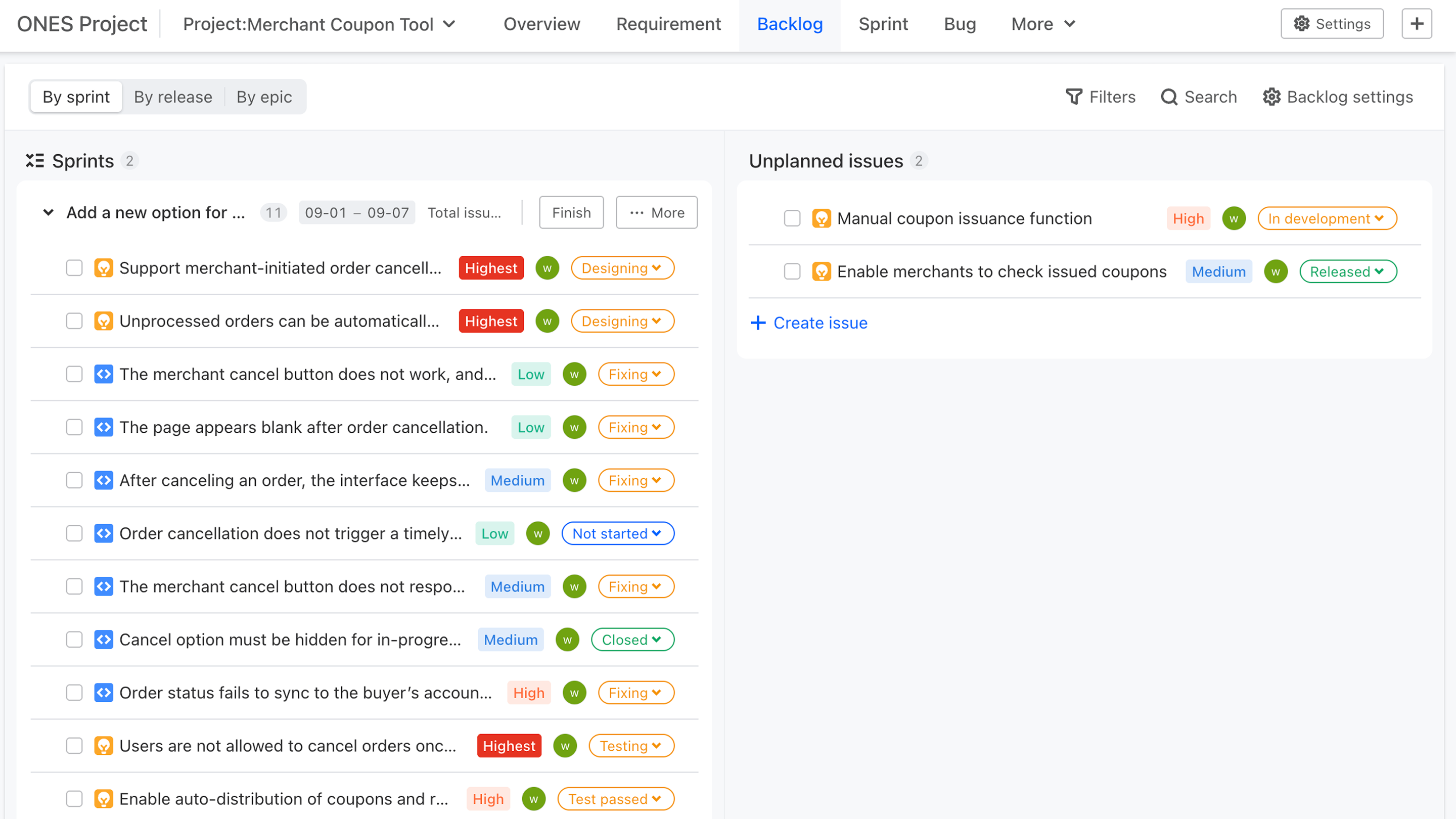 ONES Backlog Management Interface with Release and Sprint Planning