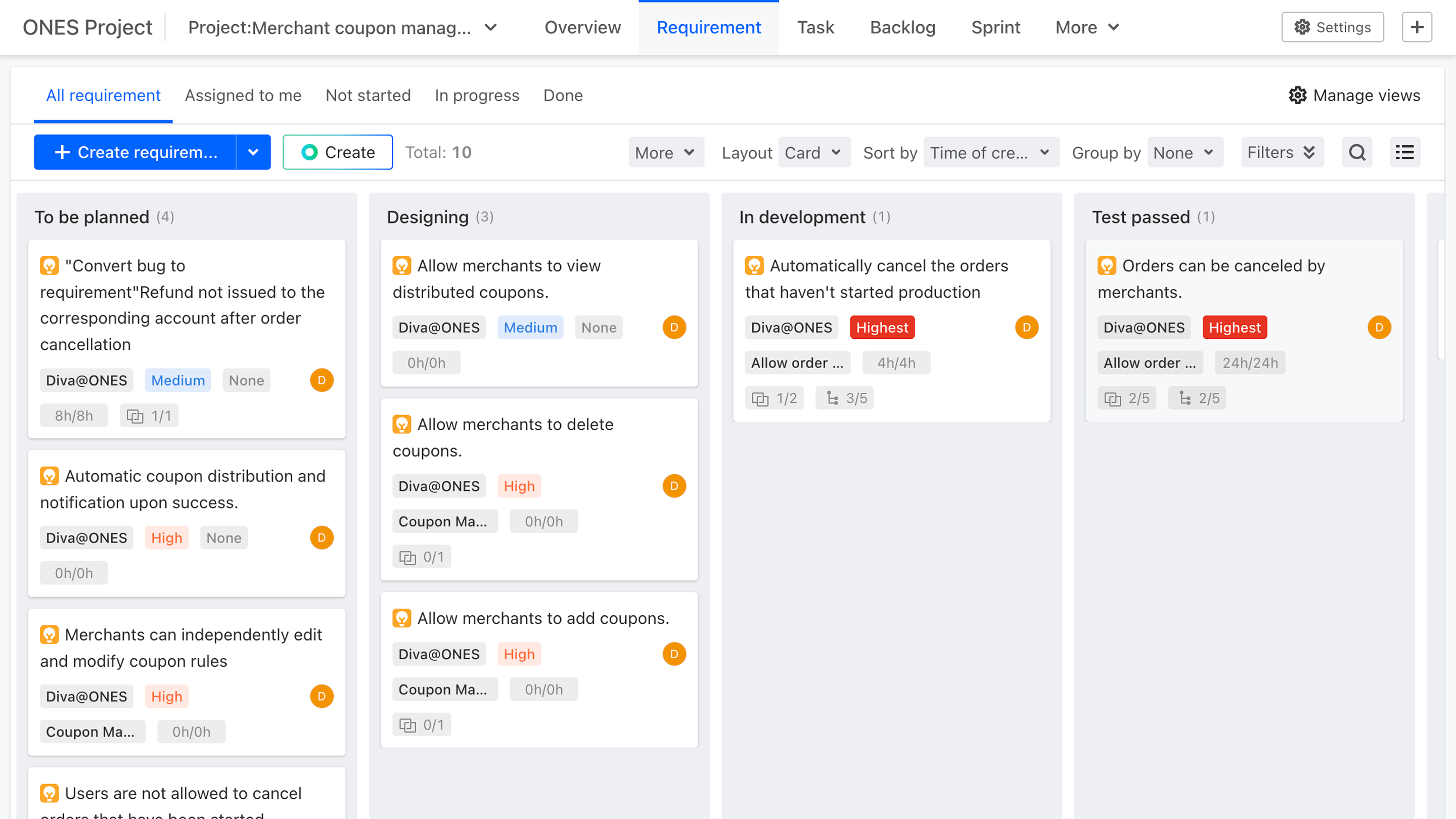 ONES Requirements Management Dashboard Interface