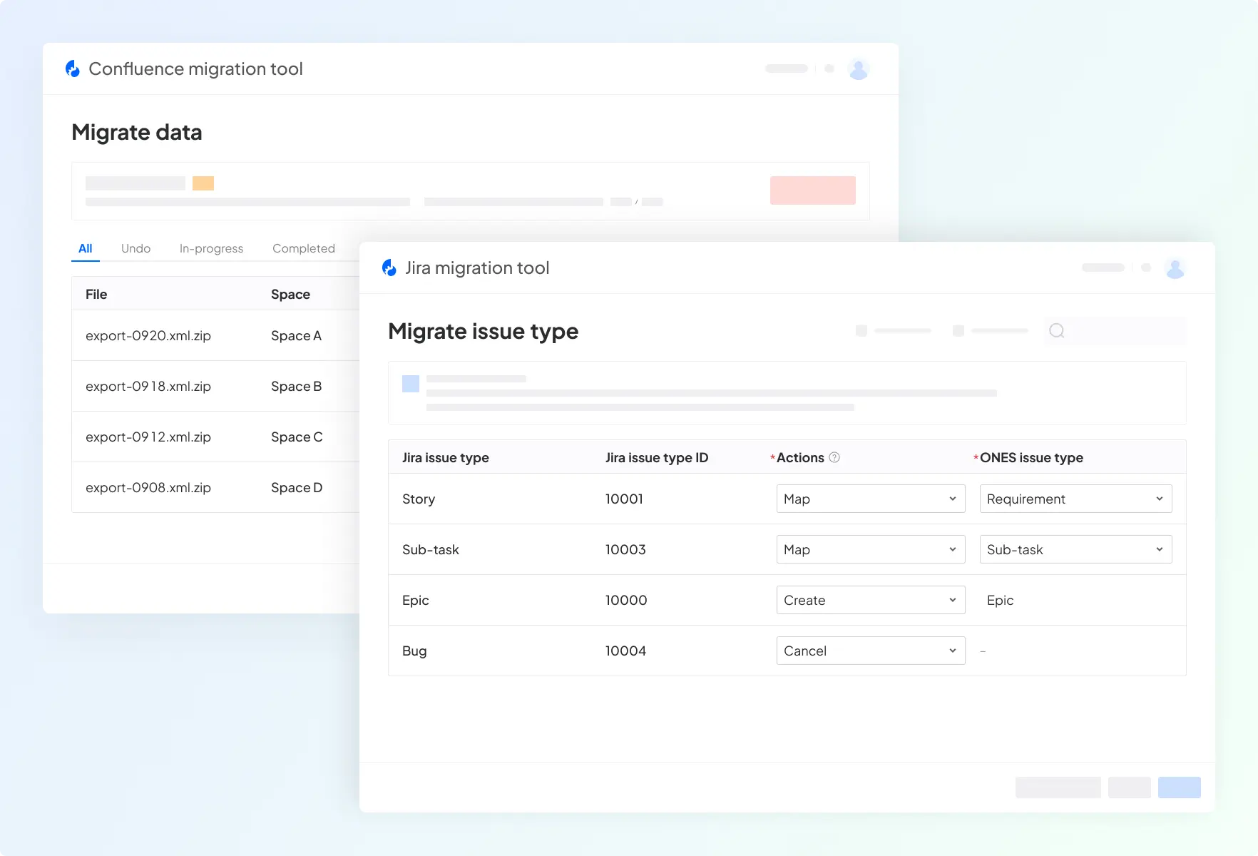 Jira and Confluence migration tool interface