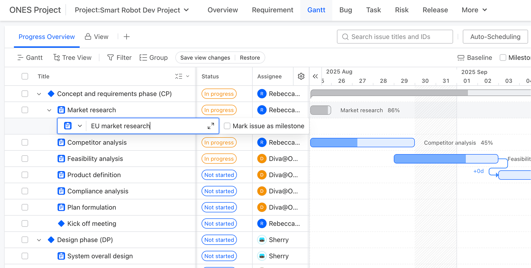 Work Breakdown Structure (WBS) in ONES Gantt Chart - AI-Powered Project Planning Tool