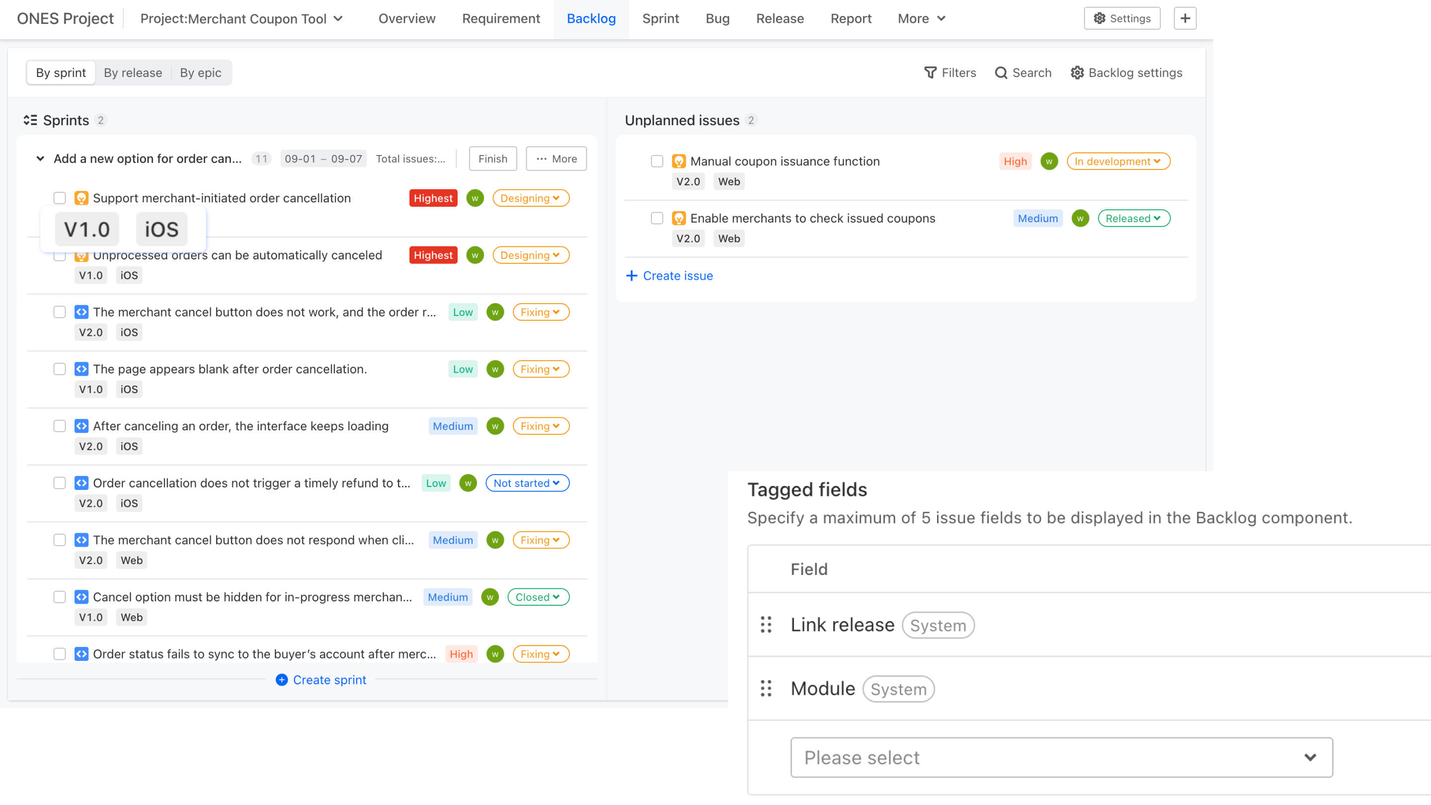 Customizable backlog task properties interface showing configurable fields, custom attributes, and task management options in ONES