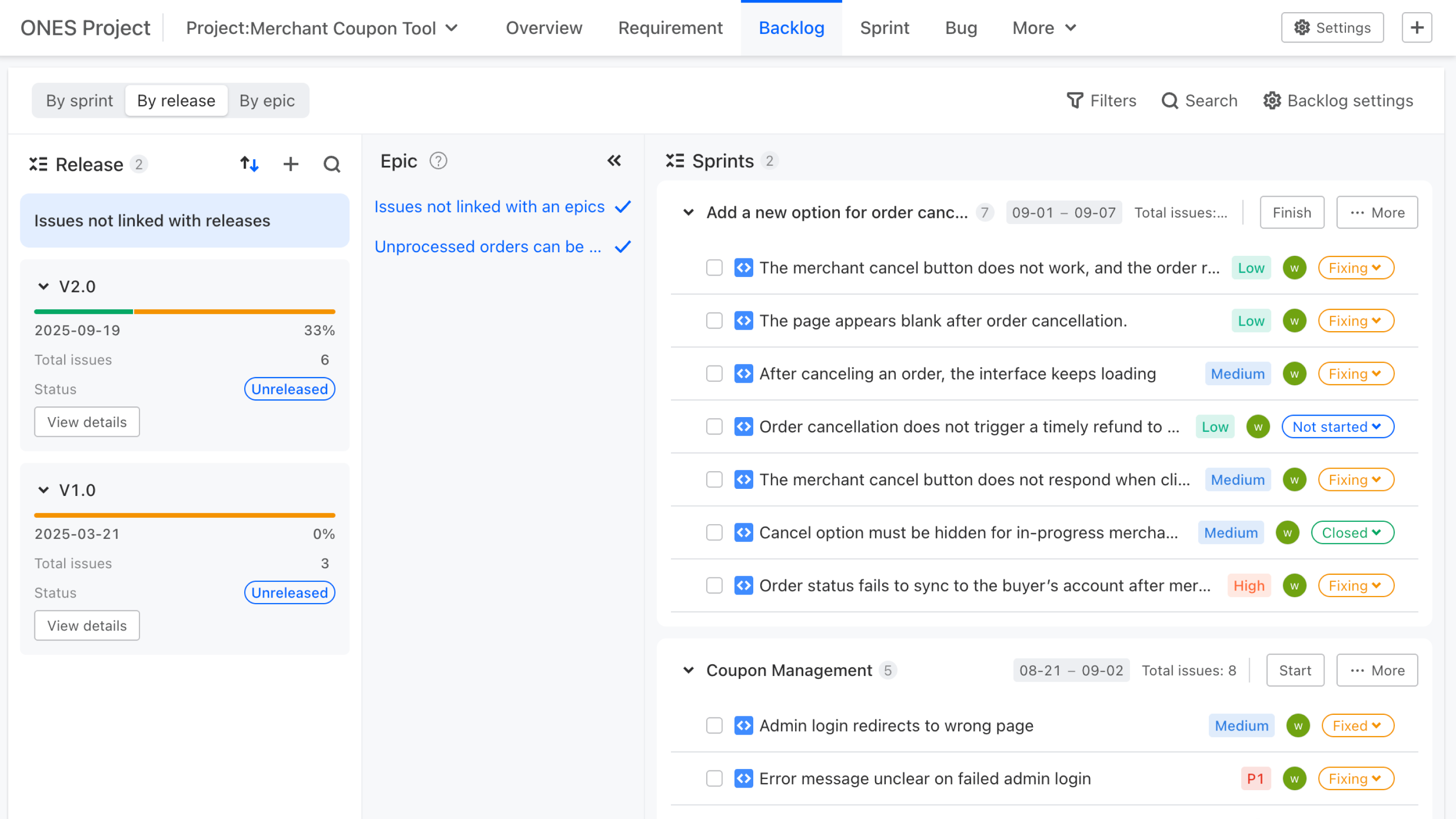 ONES requirement analytics dashboard displaying epic progress tracking, release milestones, and user story completion metrics